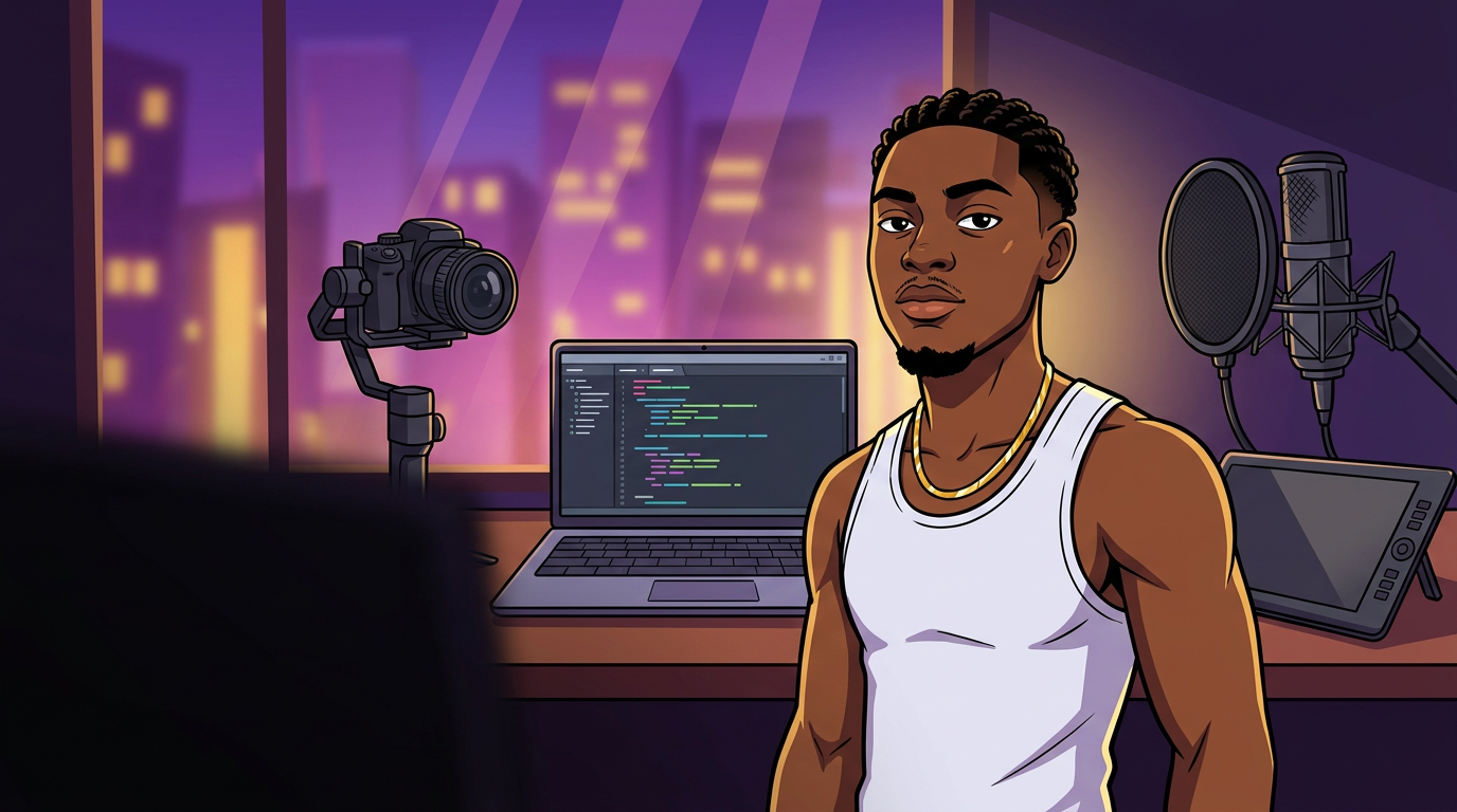 Cartoon portrait of Mdollar Boy in his studio with a laptop, camera and mic